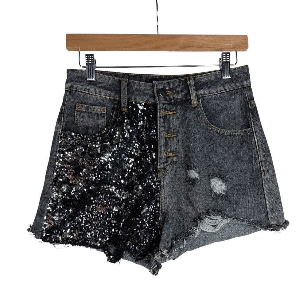 Blue B Collection Women's Distressed Sequin‎ Shorts Size Small Black Denim